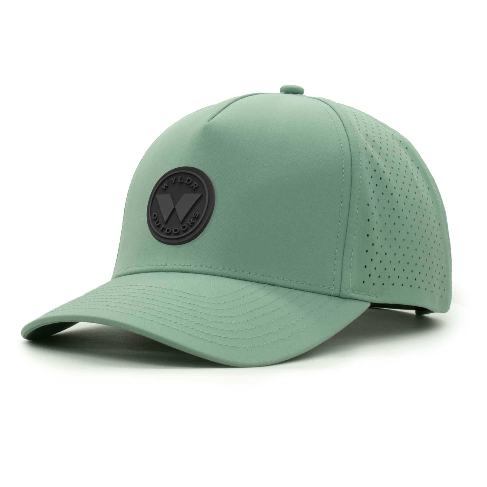 three-quarter view of a 5 panel, water resistant, floatable hat with a PVC patch. the patch is a round medallion featuring the letter W and the text Wyldr Outdoors. the hat is light green