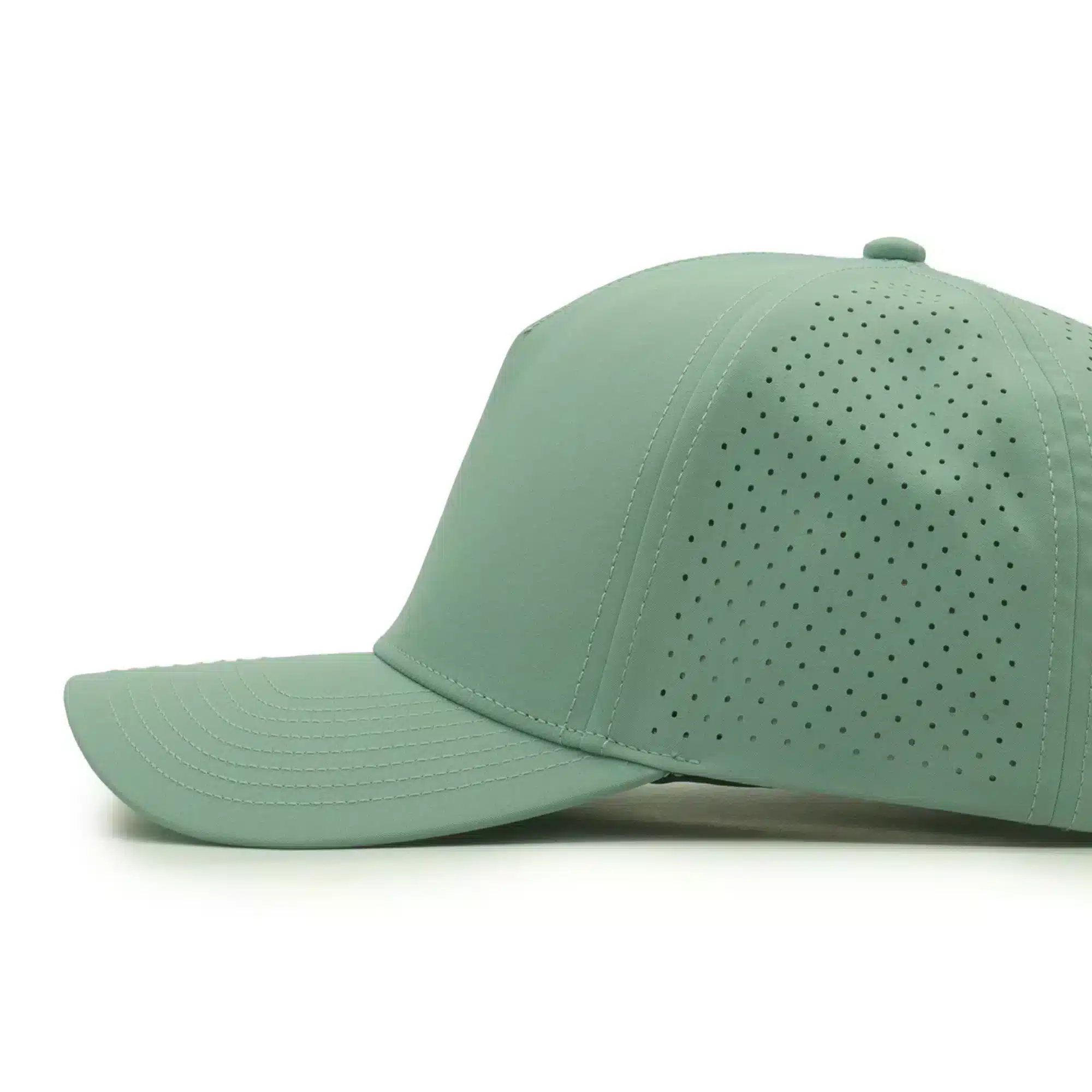 side view of a 5 panel, water resistant, floatable hat. the hat is light green in color
