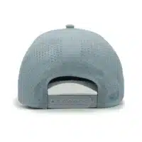 (RH) Ridge Hat | Mist - Back View back view of a 5 panel, water resistant, floatable hat. the back panel is fabric with small holes for sweat evaporation while still reducing sun exposure. the hat is light blue in color