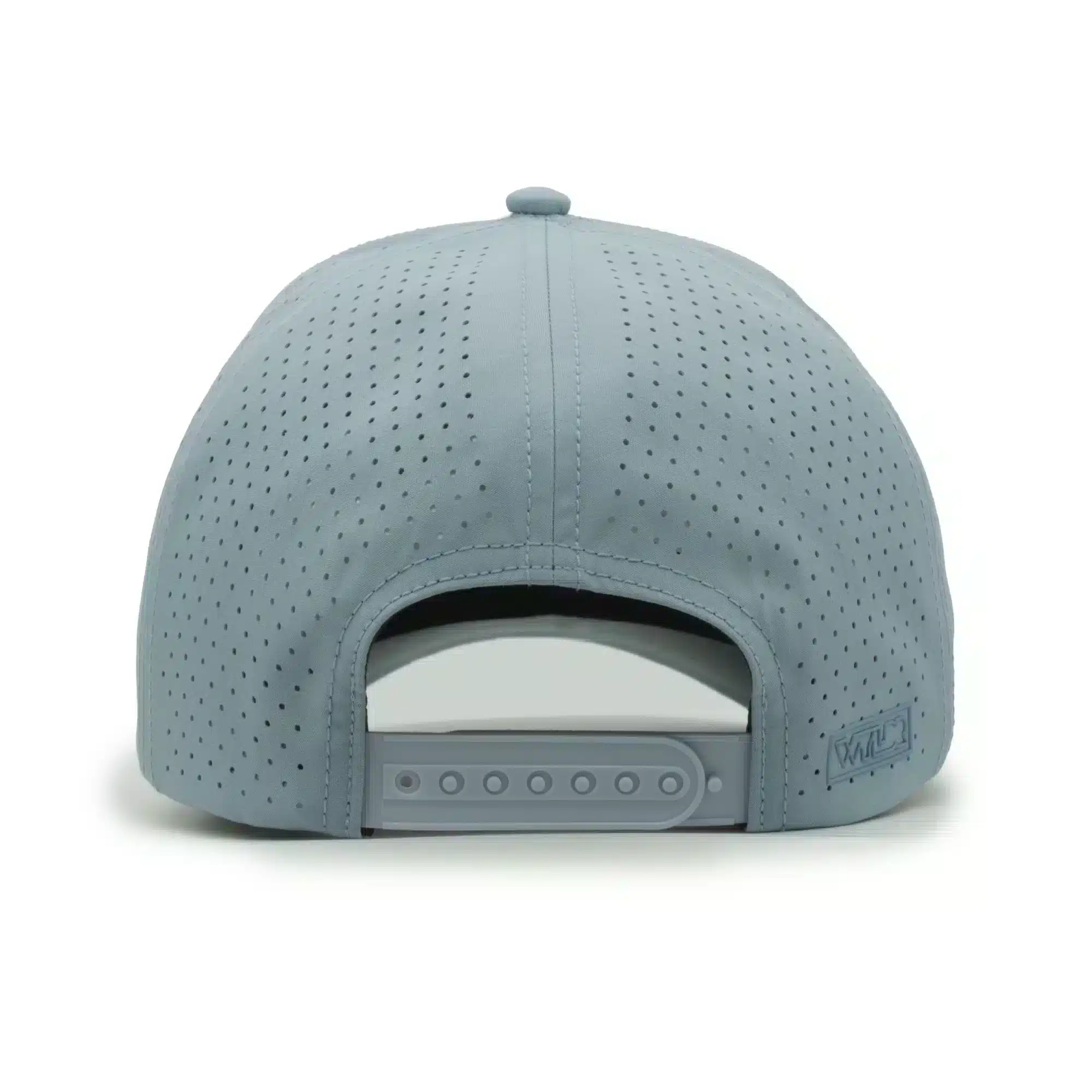 (RH) Ridge Hat | Mist - Back View back view of a 5 panel, water resistant, floatable hat. the back panel is fabric with small holes for sweat evaporation while still reducing sun exposure. the hat is light blue in color