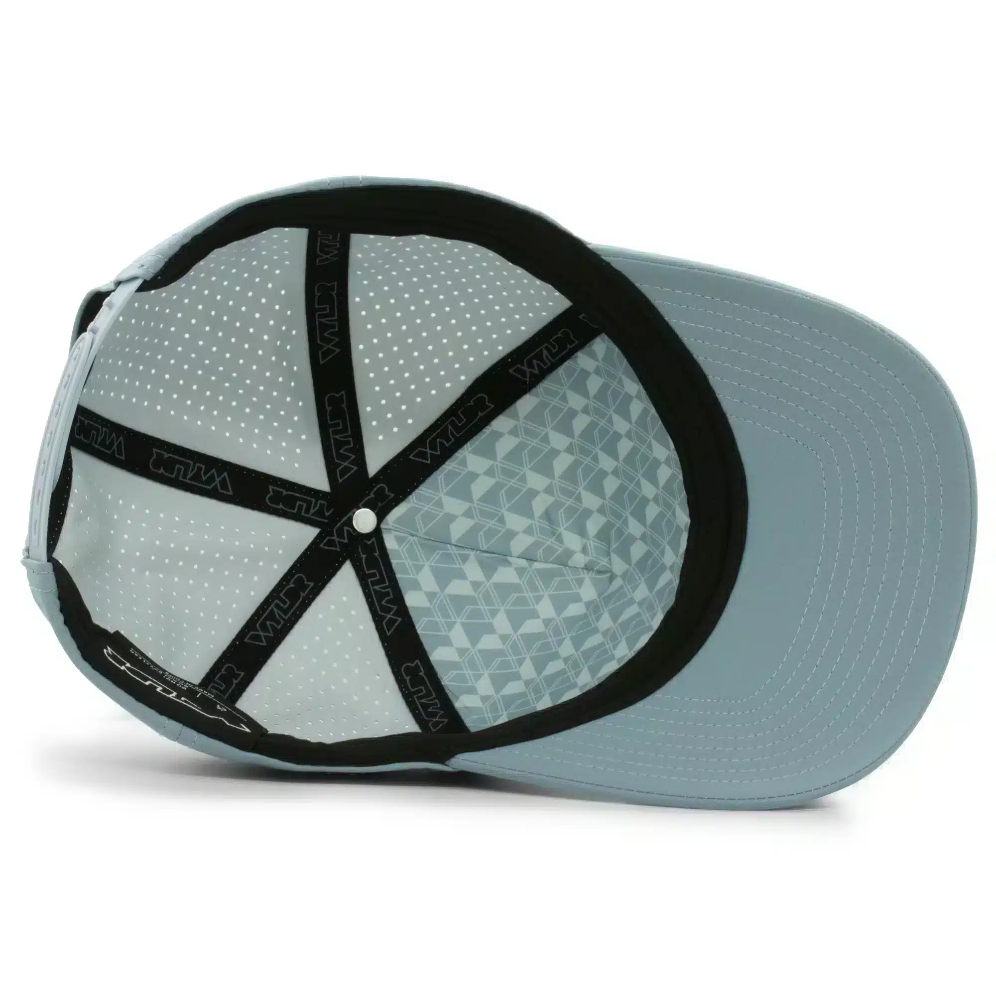 (RH) Ridge Hat | Mist - Interior View interior view of a water resistant, floatable hat in light blue. the lining has the name brand, Wyldr, and there is a two panel fabric lining in a patterned "w" logo