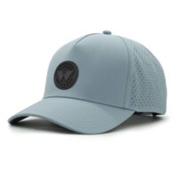 three-quarter view of a 5 panel, water resistant, floatable hat with a PVC patch. the patch is a round medallion featuring the letter W and the text Wyldr Outdoors. the hat is light blue