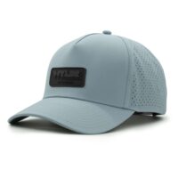 three-quarter view of a 5 panel, water resistant, floatable hat with a PVC patch. the patch is the brand name Wyldr contained in a rounded rectangle. the hat is light blue