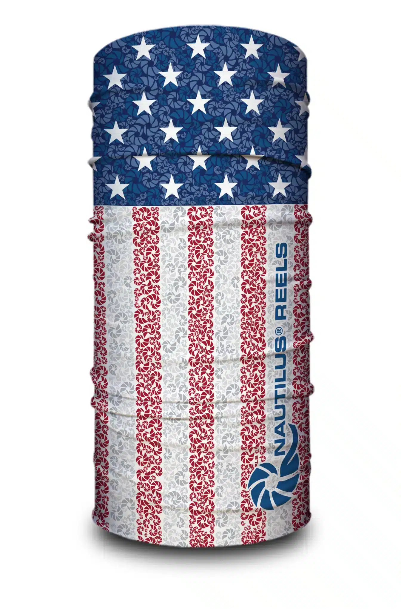 A image of a neck gaiter featuring custom art done for the Nautilus Reels brand