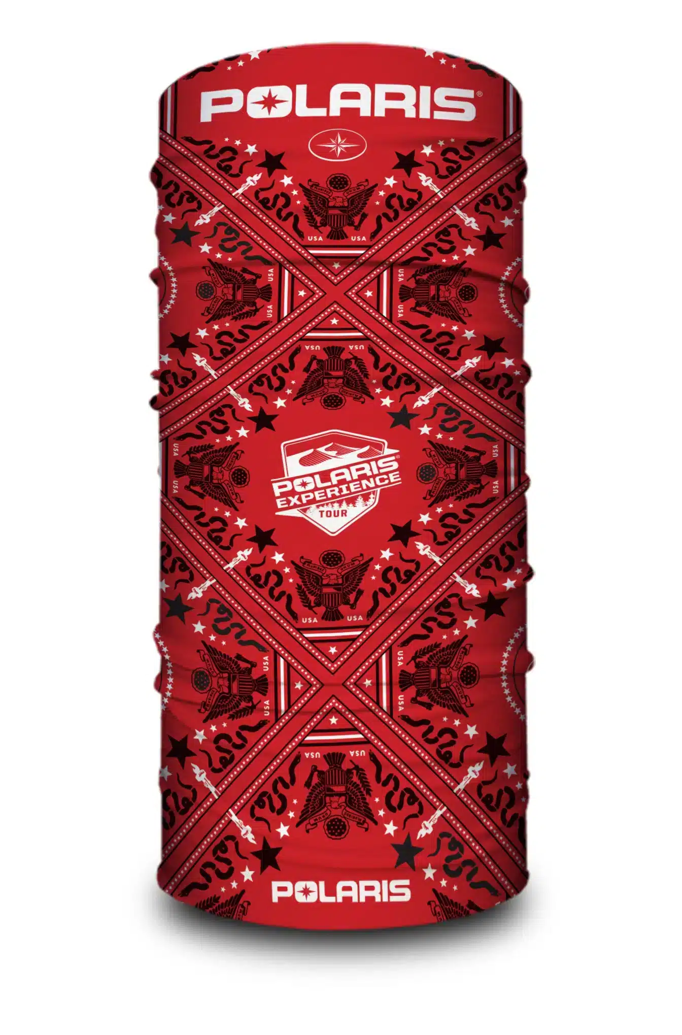 A image of a neck gaiter featuring custom art done for the Polaris brand