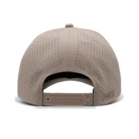 (RH) Ridge Hat | Putty - Back View back view of a 5 panel, water resistant, floatable hat. the back panel is fabric with small holes for sweat evaporation while still reducing sun exposure. the hat is warm tan in color