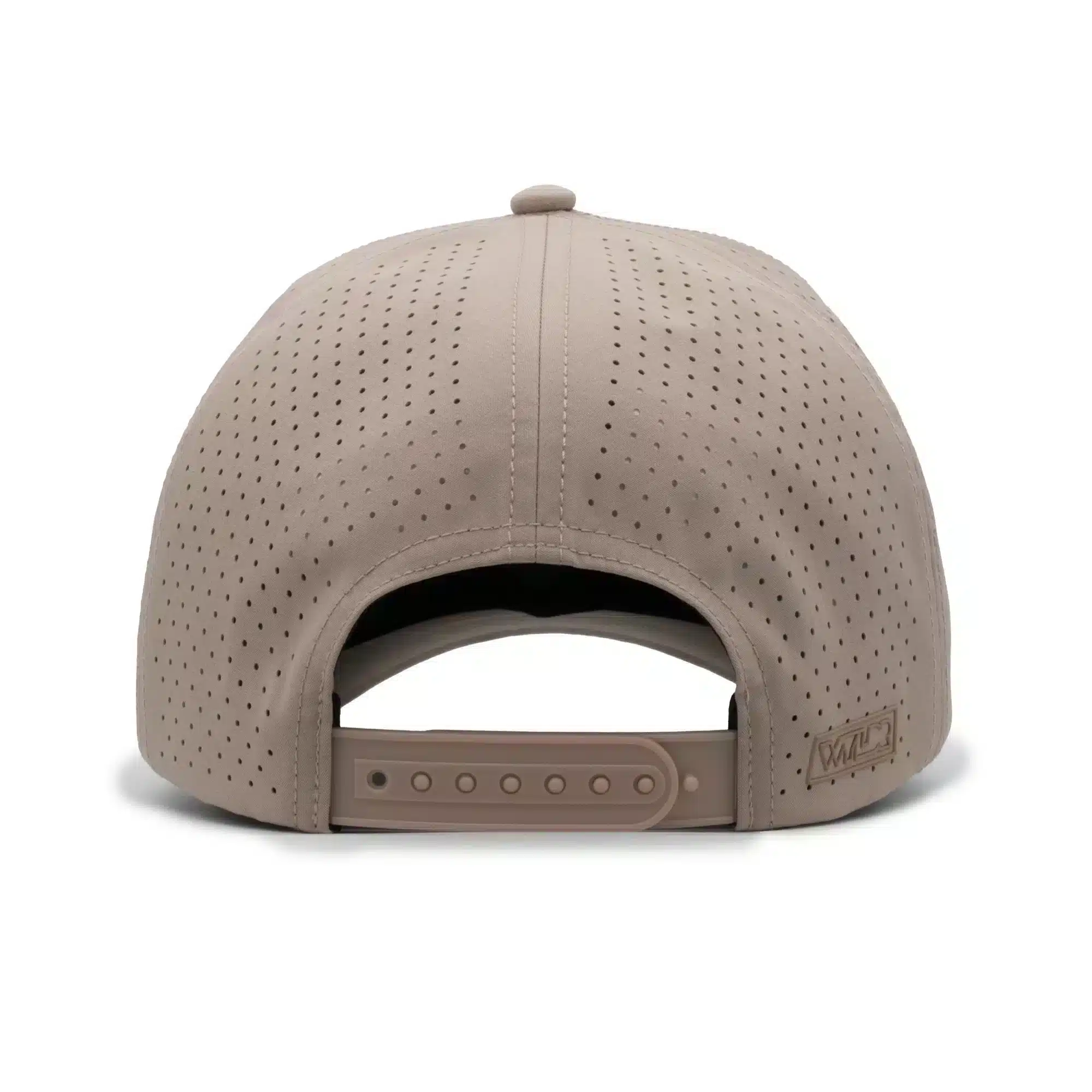 (RH) Ridge Hat | Putty - Back View back view of a 5 panel, water resistant, floatable hat. the back panel is fabric with small holes for sweat evaporation while still reducing sun exposure. the hat is warm tan in color