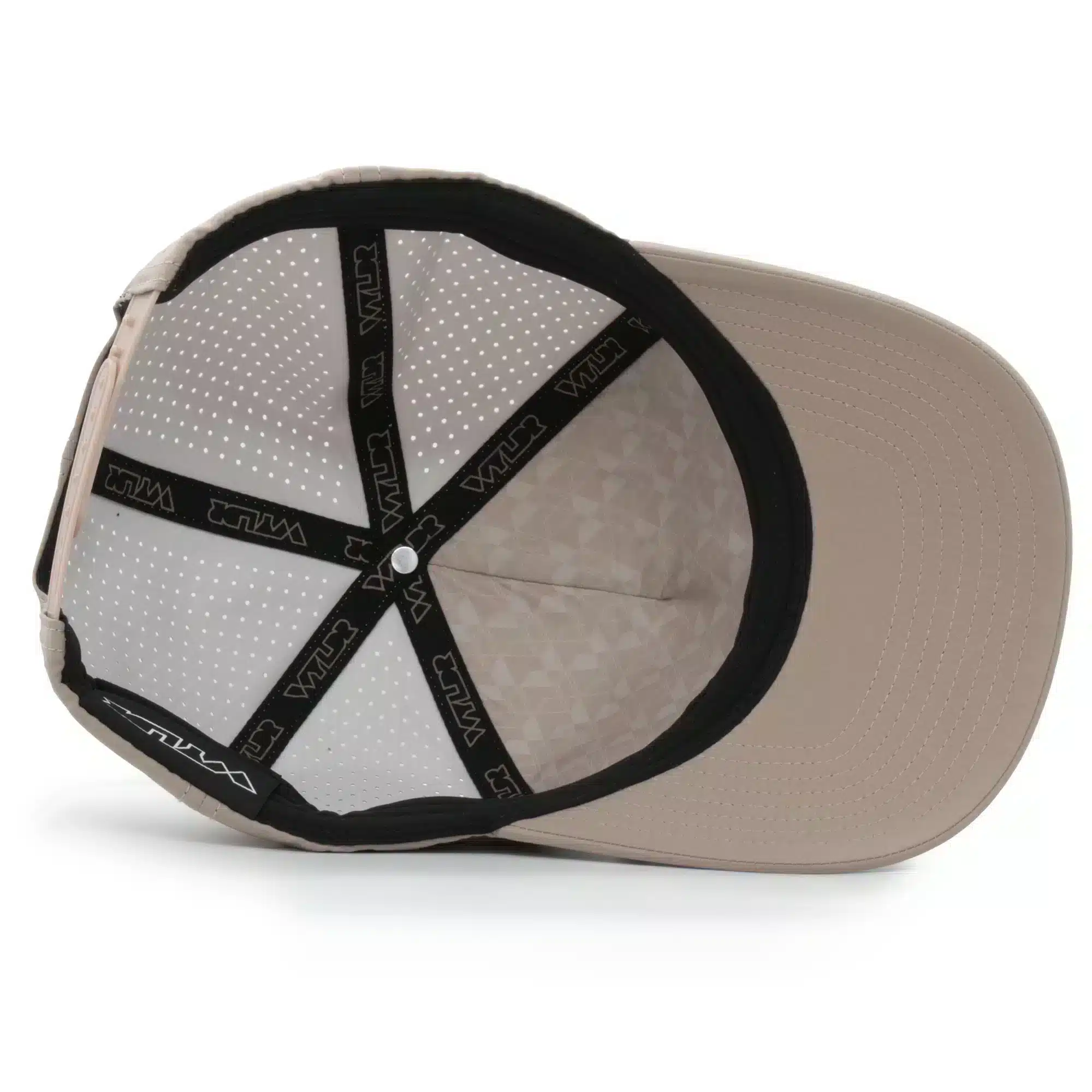 (RH) Ridge Hat | Putty - Interior View interior view of a water resistant, floatable hat in warm tan. the lining has the name brand, Wyldr, and there is a two panel fabric lining in a patterned "w" logo