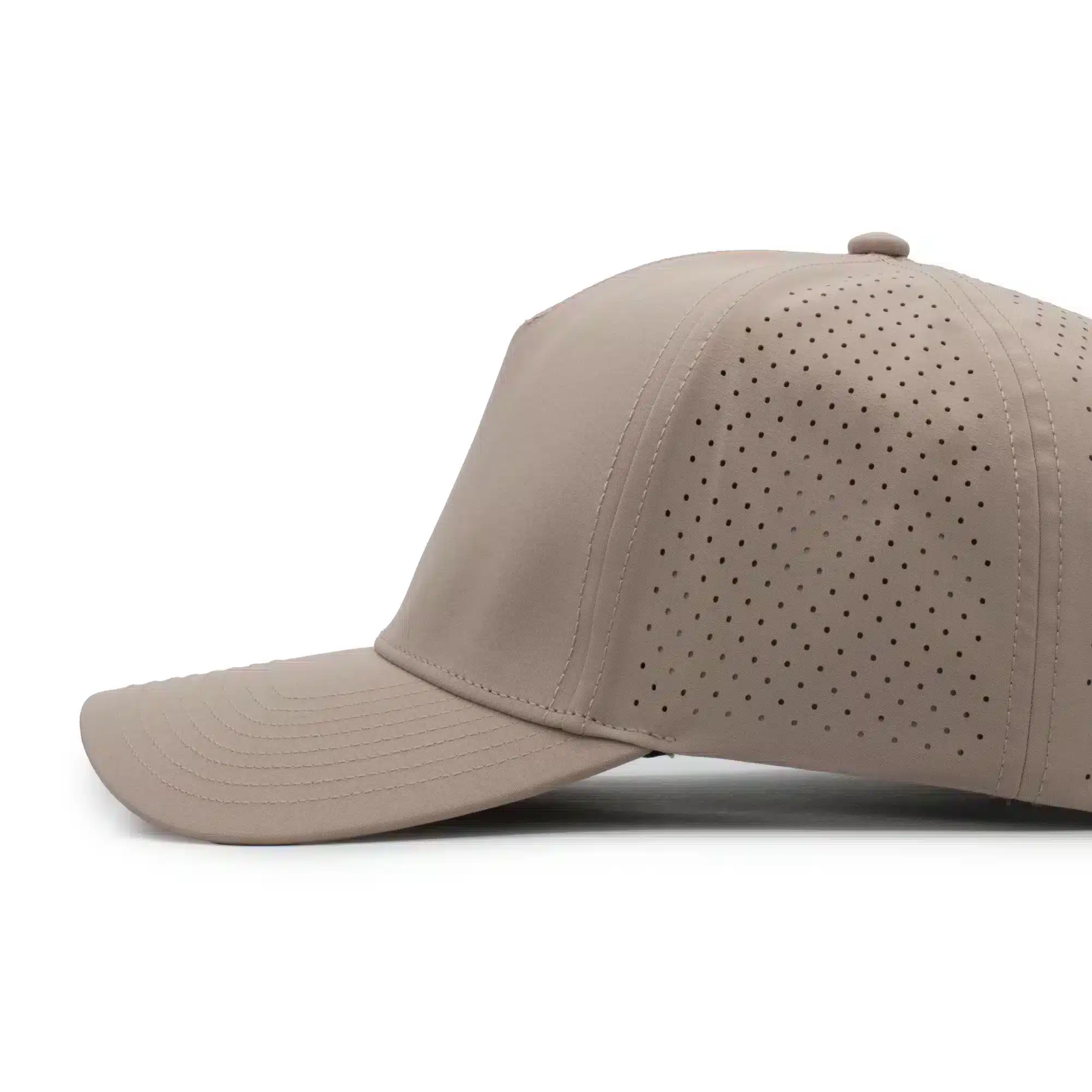 (RH) Ridge Hat | Putty - Side View side view of a 5 panel, water resistant, floatable hat. the hat is warm tan in color
