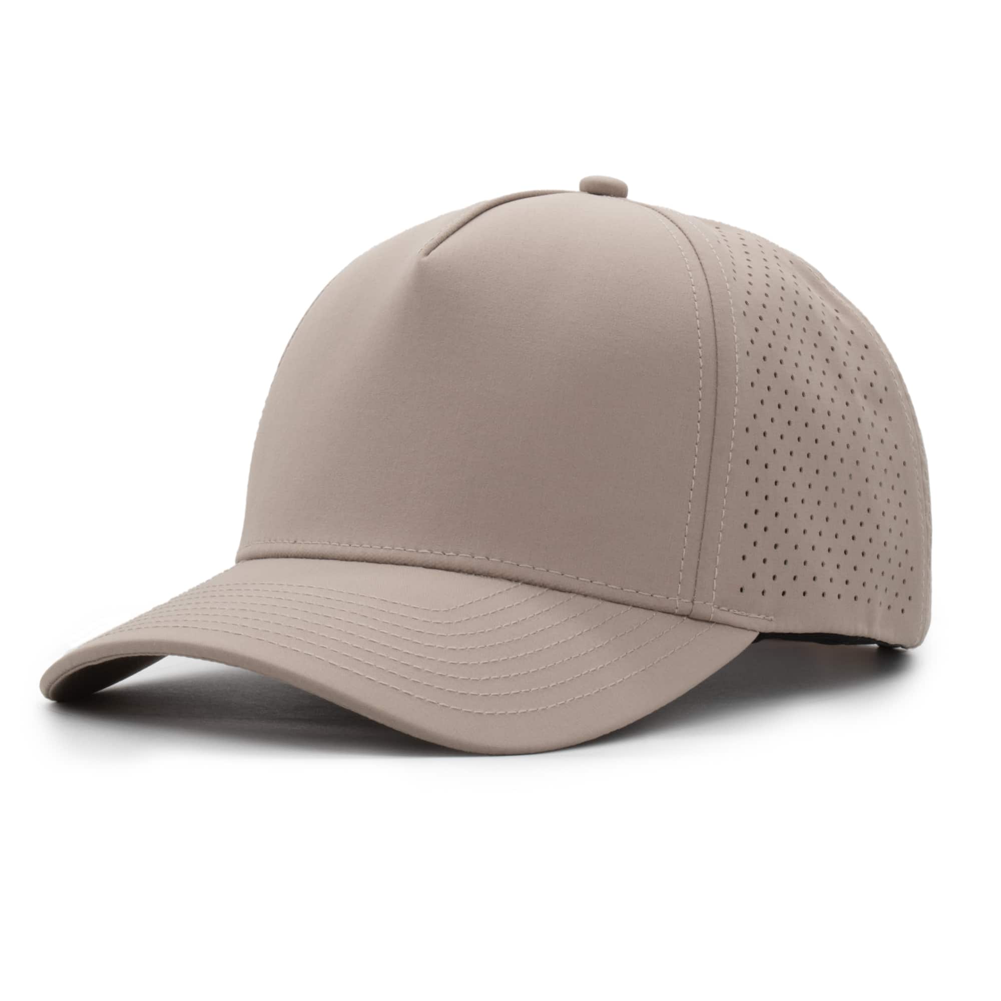 (RH) Ridge Hat | Putty - No Patch three-quarter view of a 5 panel, water resistant, floatable hat that is a warm tan color.