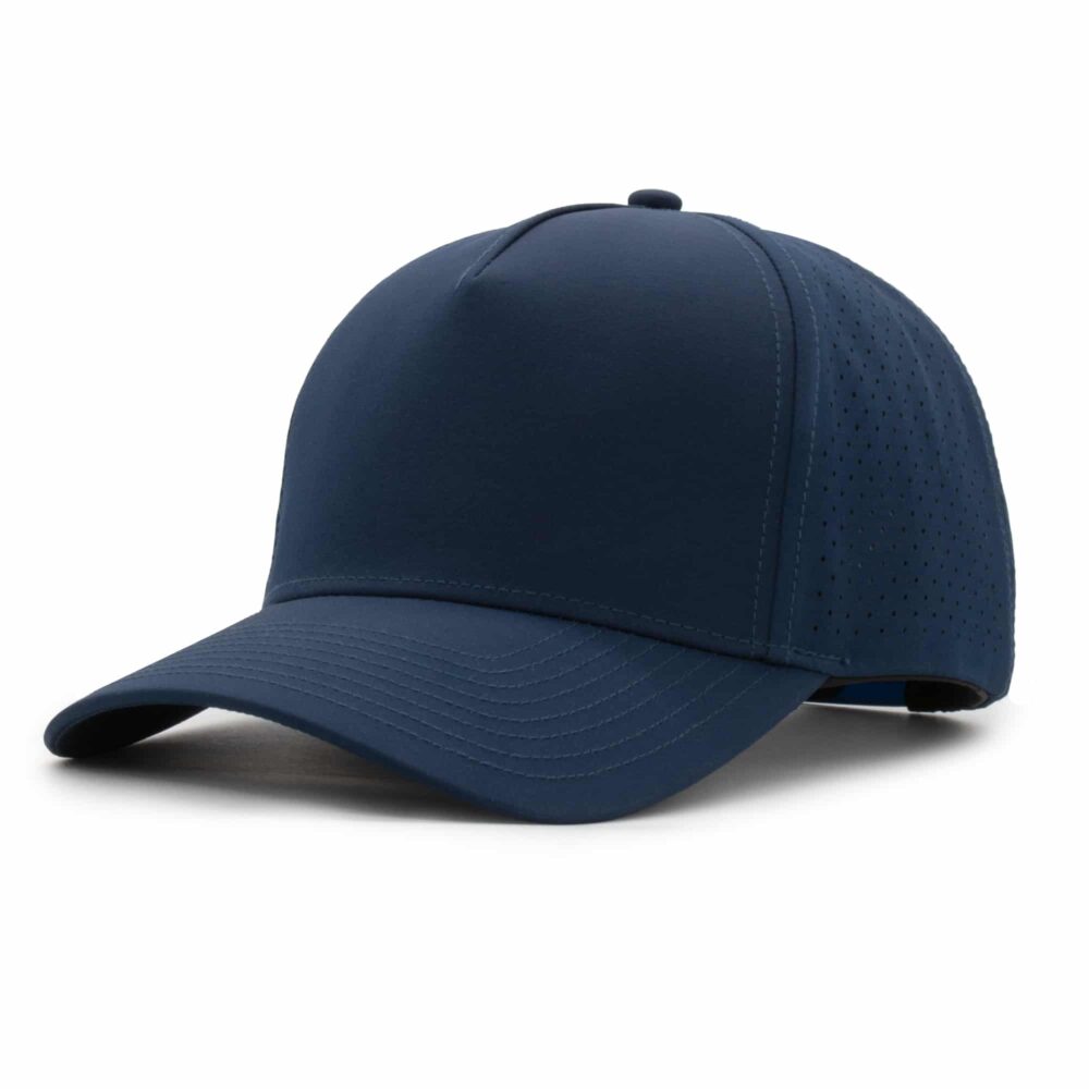 three-quarter view of a 5 panel, water resistant, floatable hat that is dark blue in color.