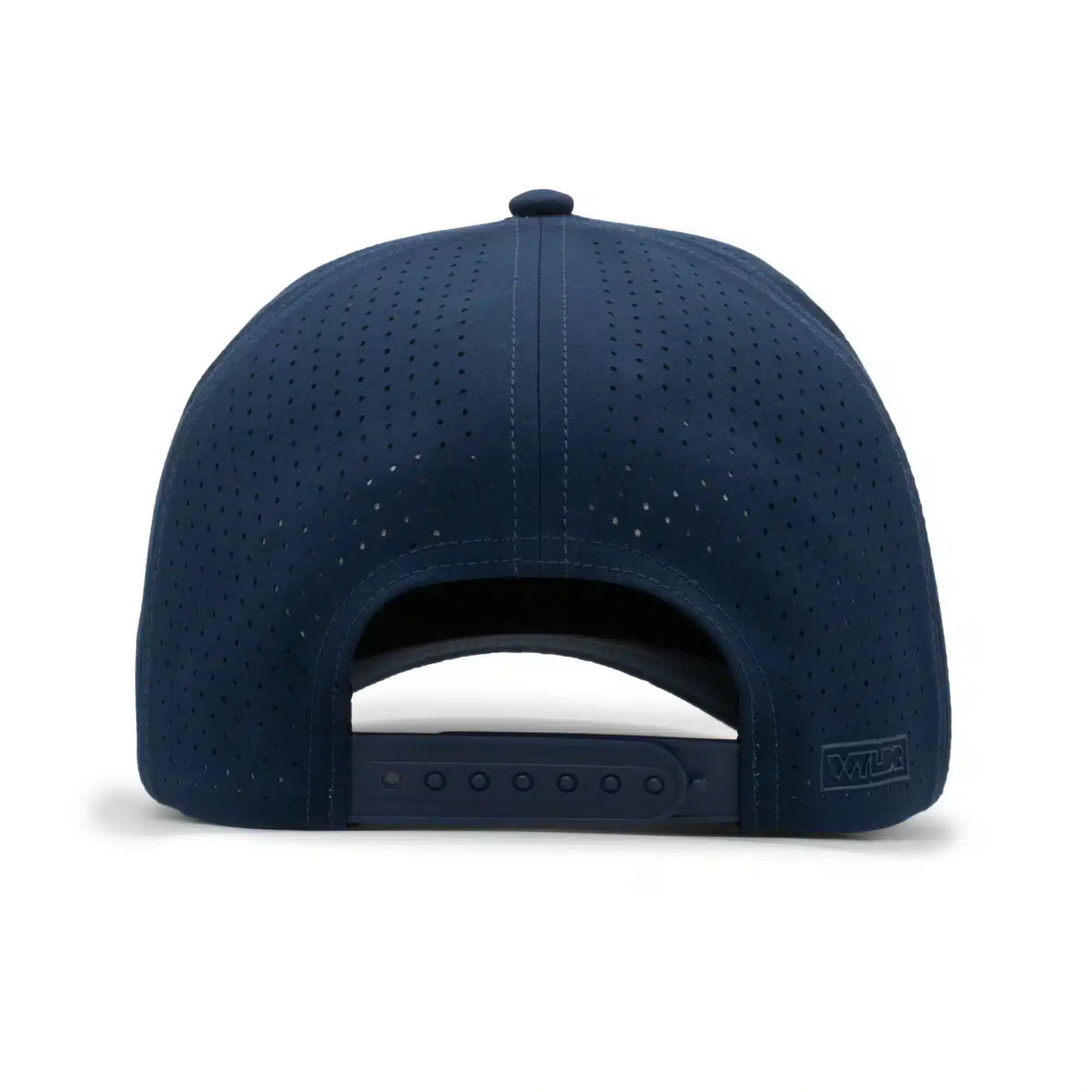 (RH) Ridge Hat | Rain - Back View back view of a 5 panel, water resistant, floatable hat. the back panel is fabric with small holes for sweat evaporation while still reducing sun exposure. the hat is dark blue in color