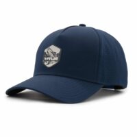 (RH) Ridge Hat | Rain - Tarpon three-quarter view of a 5 panel, water resistant, floatable hat with a PVC patch. the patch is of a tarpon splashing out of the water and has the brand name Wyldr over it. the hat is dark blue.