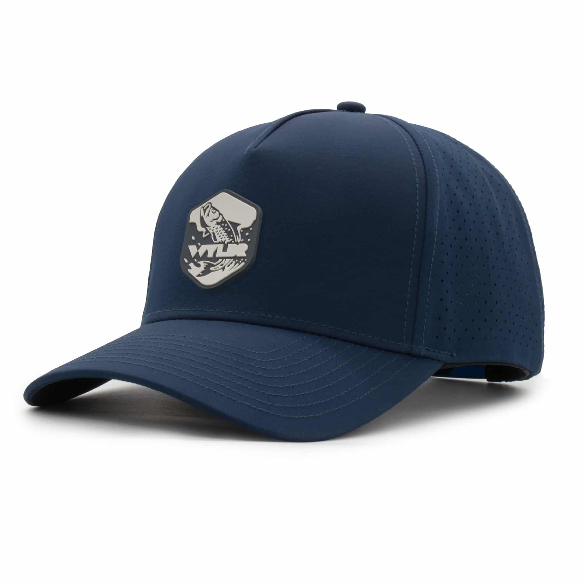 (RH) Ridge Hat | Rain - Tarpon three-quarter view of a 5 panel, water resistant, floatable hat with a PVC patch. the patch is of a tarpon splashing out of the water and has the brand name Wyldr over it. the hat is dark blue.