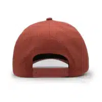 (RH) Ridge Hat | Rust - Back View back view of a 5 panel, water resistant, floatable hat. the back panel is fabric with small holes for sweat evaporation while still reducing sun exposure. the hat is orange in color