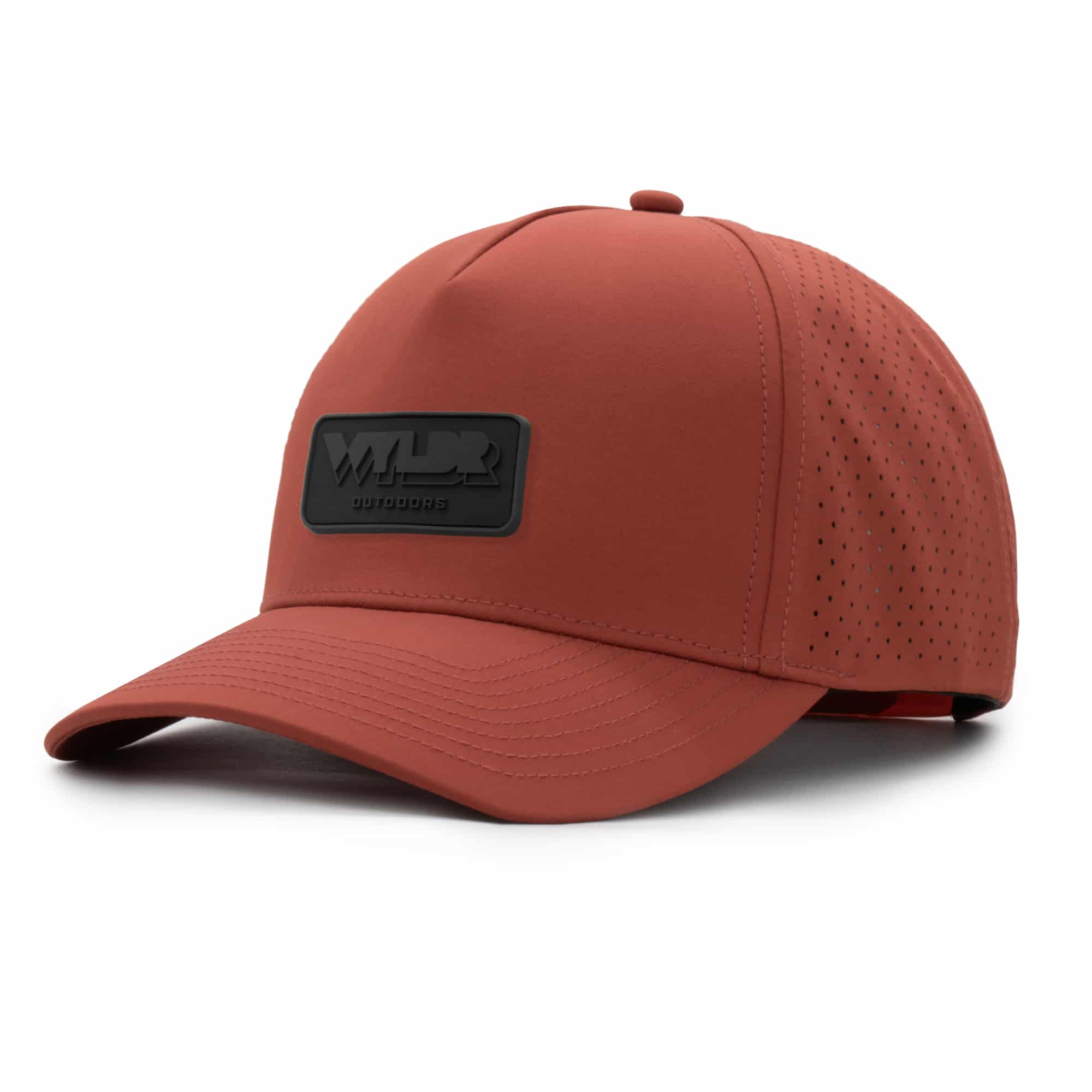 (RH) Ridge Hat | Rust - Rectangle three-quarter view of a 5 panel, water resistant, floatable hat with a PVC patch. the patch is the brand name Wyldr contained in a rounded rectangle. the hat is a rusty-orange color.