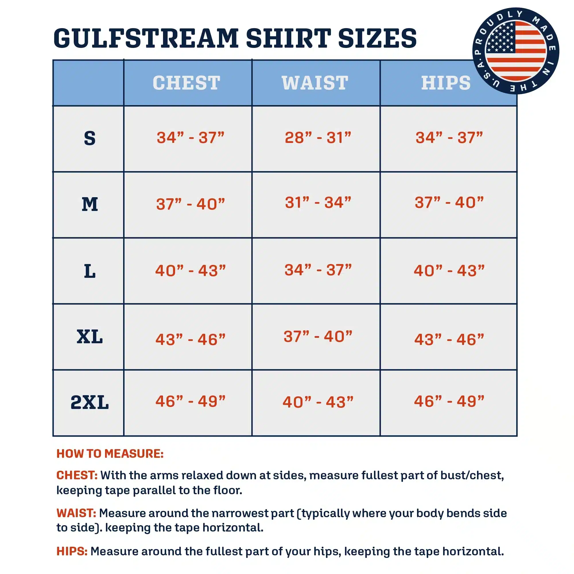 an image of a sizing chart for the Wyldr Gulfstream shirts.