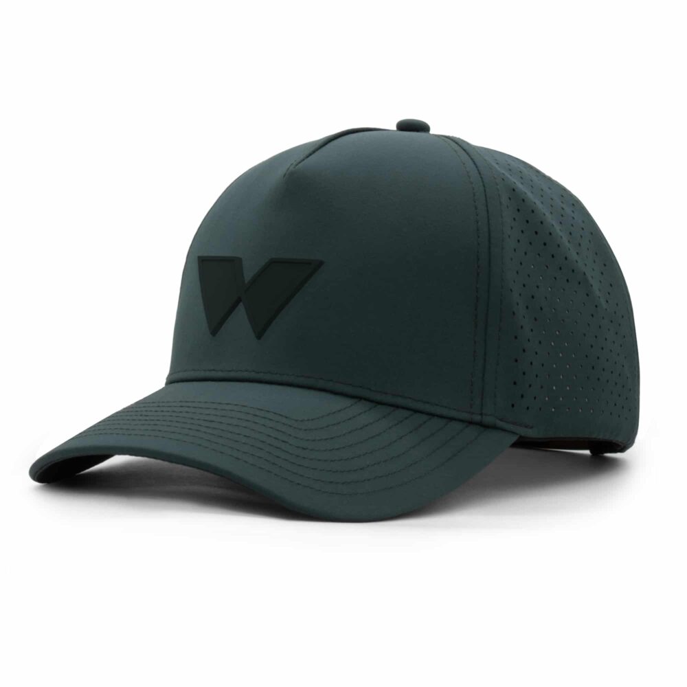 three-quarter view of a 5 panel, water resistant, floatable hat with a PVC patch. the patch is of the letter W from the brand name Wyldr. the hat is dark green. the patch matches the hat color.