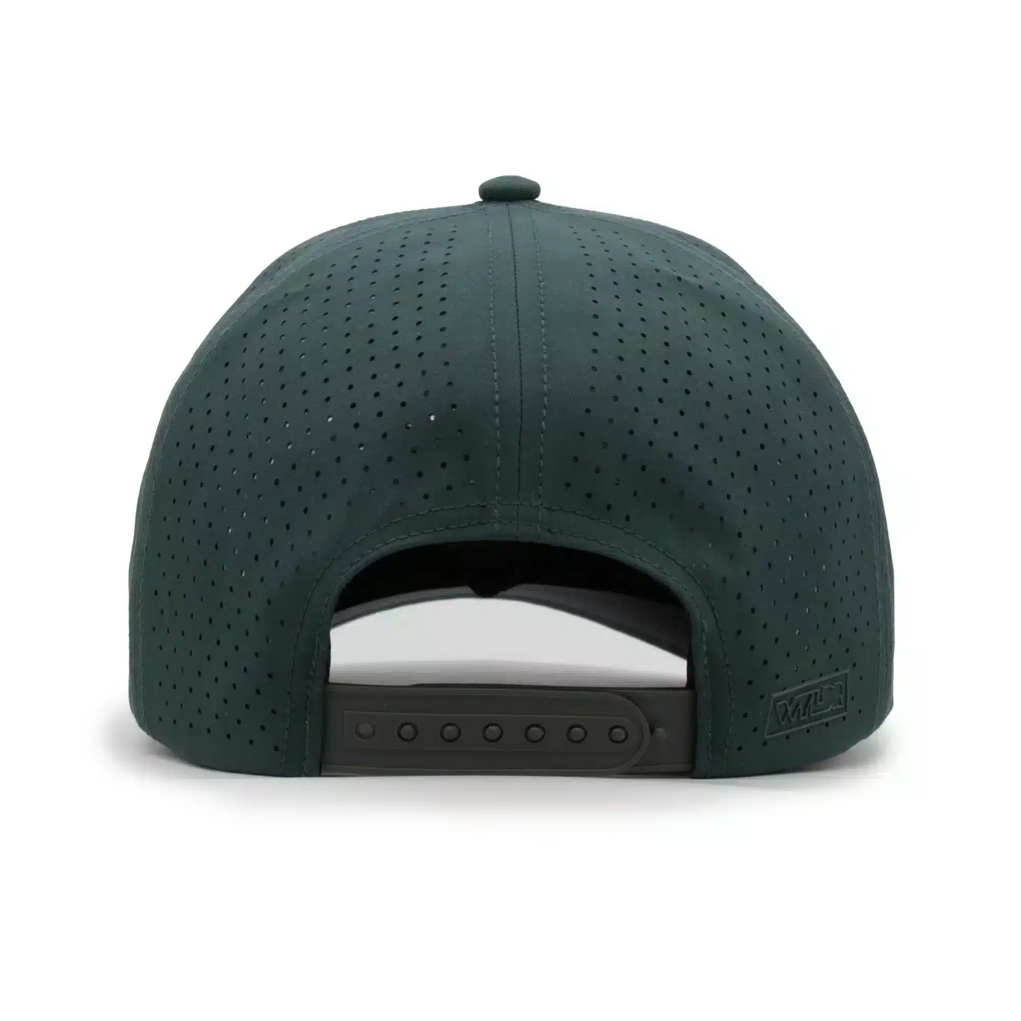 (RH) Ridge Hat | Slate - Back View back view of a 5 panel, water resistant, floatable hat. the back panel is fabric with small holes for sweat evaporation while still reducing sun exposure. the hat is dark green in color