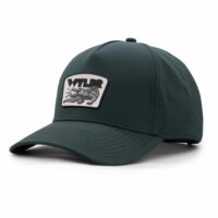 three-quarter view of a 5 panel, water resistant, floatable hat with a PVC patch. the patch is a gator catching a golf ball in its mouth and features the brand name, Wyldr. the hat is dark green