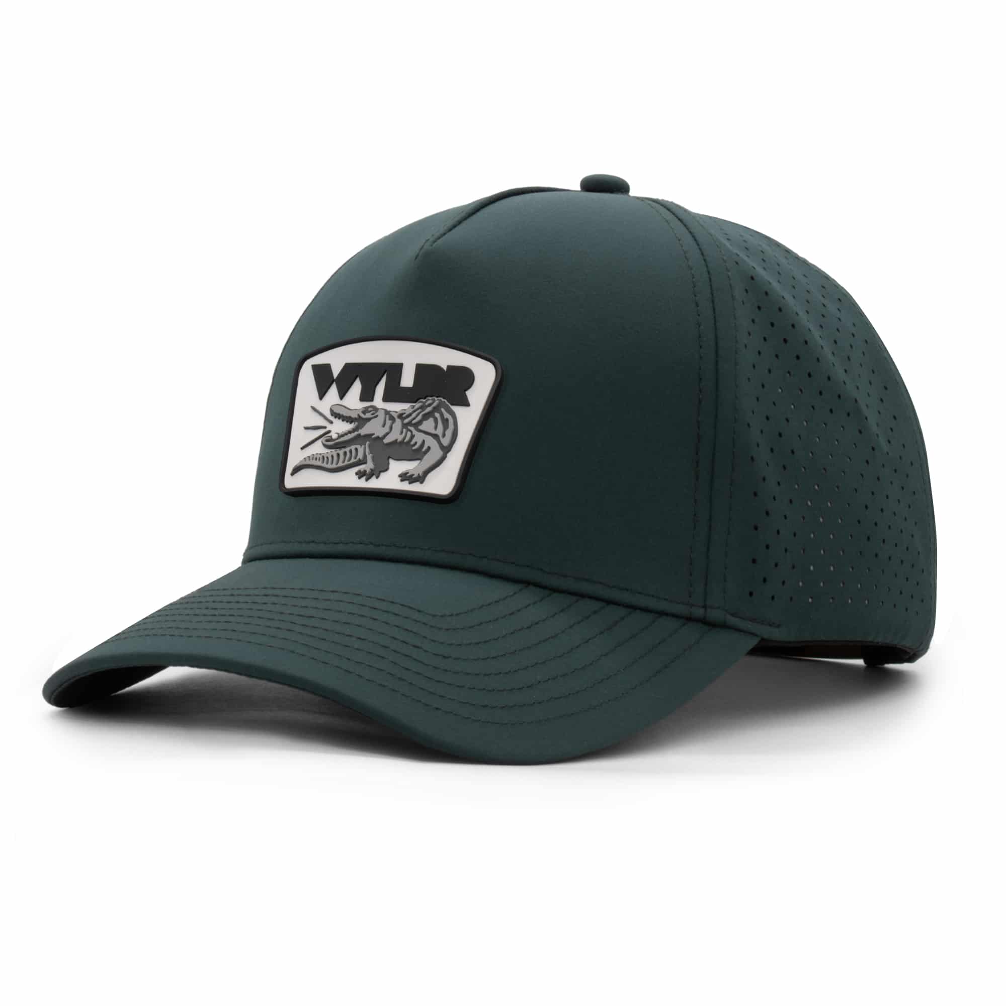 three-quarter view of a 5 panel, water resistant, floatable hat with a PVC patch. the patch is a gator catching a golf ball in its mouth and features the brand name, Wyldr. the hat is dark green