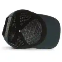 (RH) Ridge Hat | Slate - Interior View interior view of a water resistant, floatable hat in dark green. the lining has the name brand, Wyldr, and there is a two panel fabric lining in a patterned "w" logo