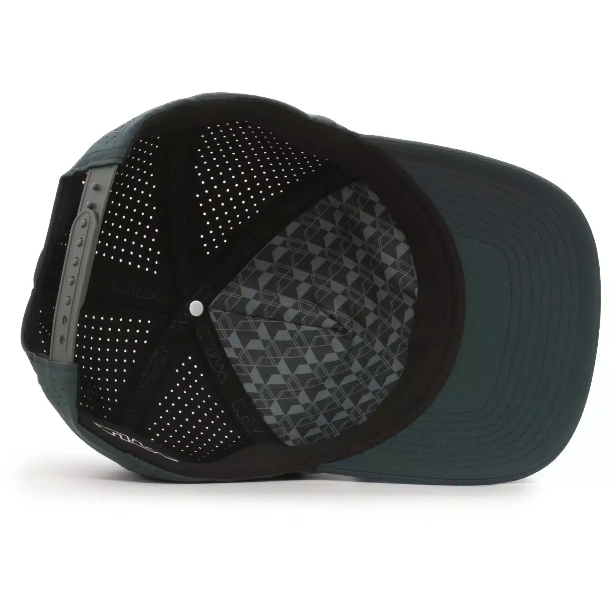 (RH) Ridge Hat | Slate - Interior View interior view of a water resistant, floatable hat in dark green. the lining has the name brand, Wyldr, and there is a two panel fabric lining in a patterned "w" logo