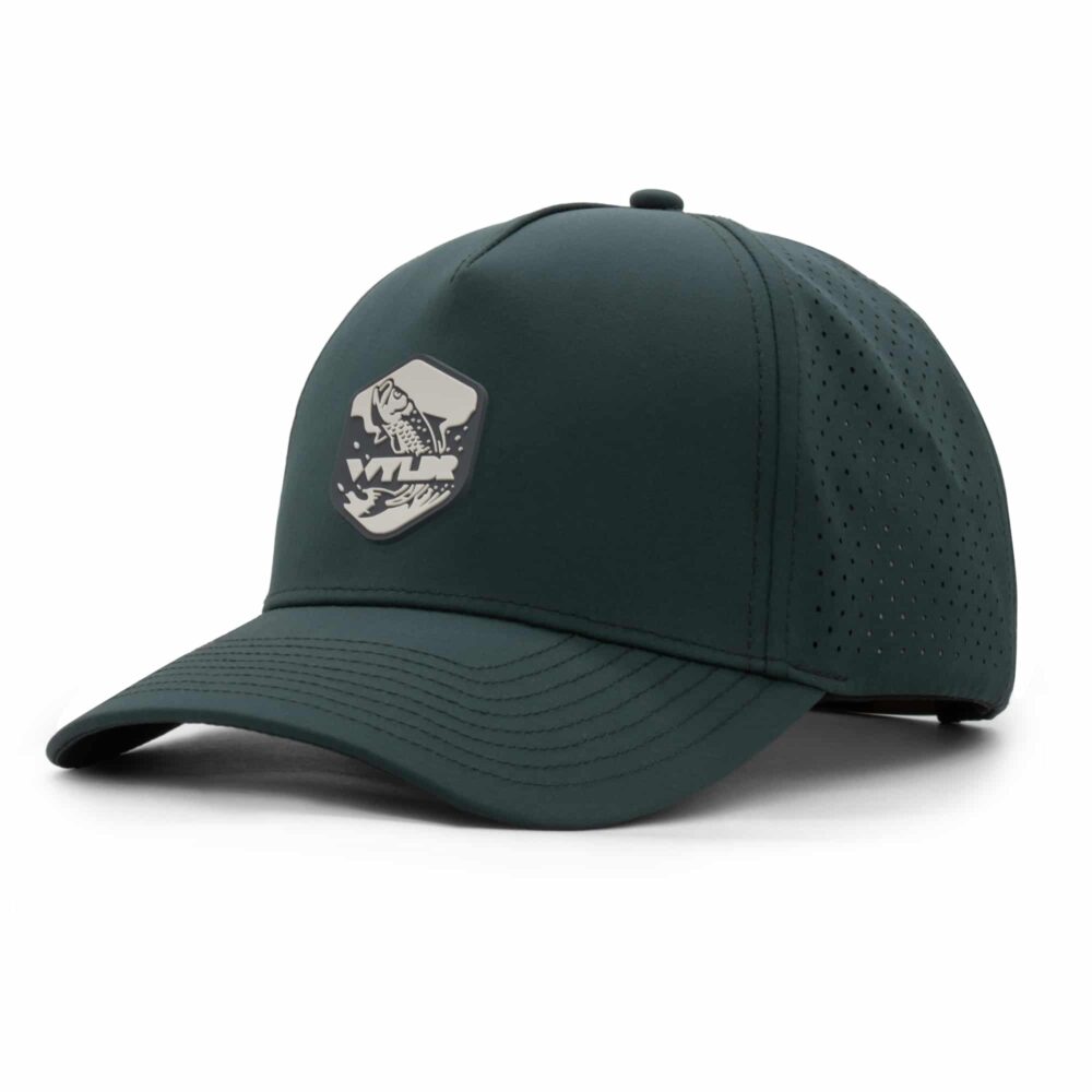 three-quarter view of a 5 panel, water resistant, floatable hat with a PVC patch. the patch is of a tarpon splashing out of the water and has the brand name Wyldr over it. the hat is dark green