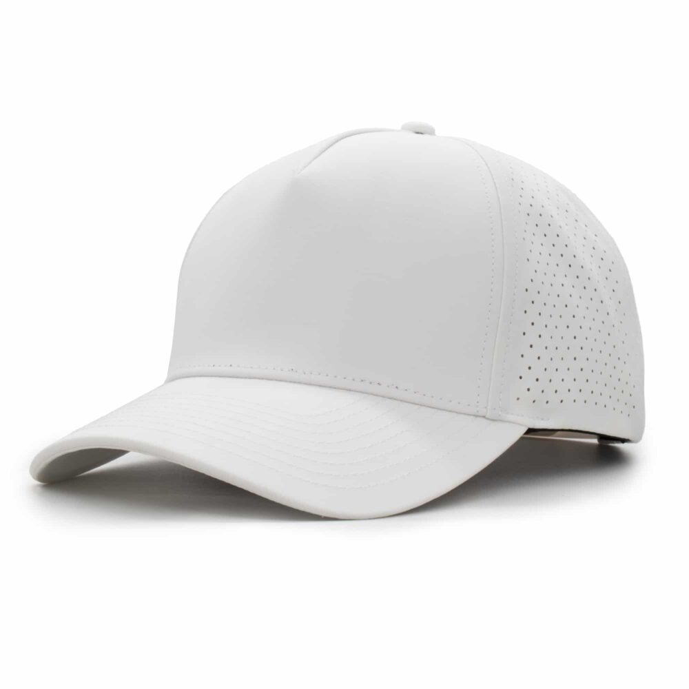 three-quarter view of a 5 panel, water resistant, floatable hat that is white in color.