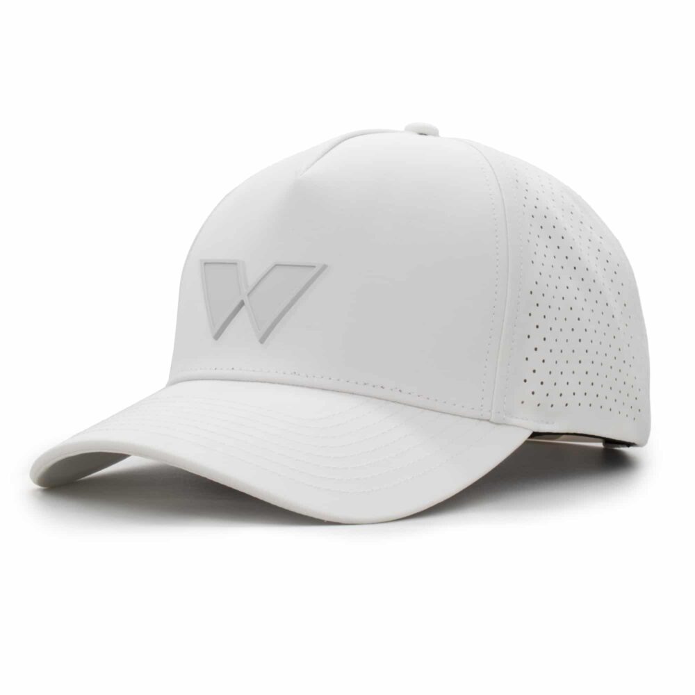 three-quarter view of a 5 panel, water resistant, floatable hat with a PVC patch. the patch is of the letter W from the brand name Wyldr. the hat is white. the patch matches the hat color.