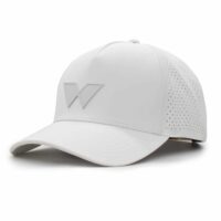 three-quarter view of a 5 panel, water resistant, floatable hat with a PVC patch. the patch is of the letter W from the brand name Wyldr. the hat is white. the patch matches the hat color.