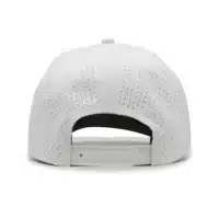 (RH) Ridge Hat | Snow - Back View back view of a 5 panel, water resistant, floatable hat. the back panel is fabric with small holes for sweat evaporation while still reducing sun exposure. the hat is white in color