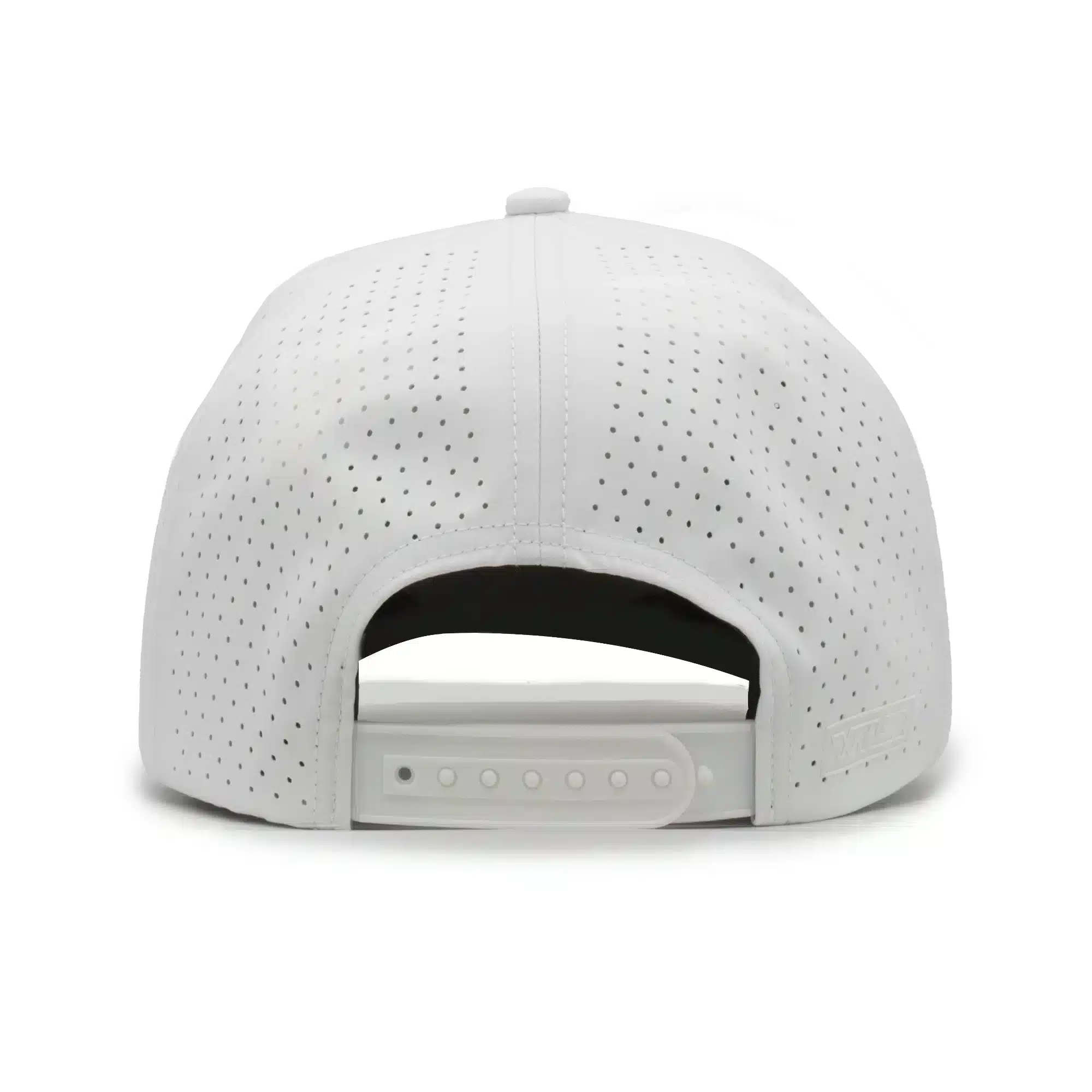 (RH) Ridge Hat | Snow - Back View back view of a 5 panel, water resistant, floatable hat. the back panel is fabric with small holes for sweat evaporation while still reducing sun exposure. the hat is white in color