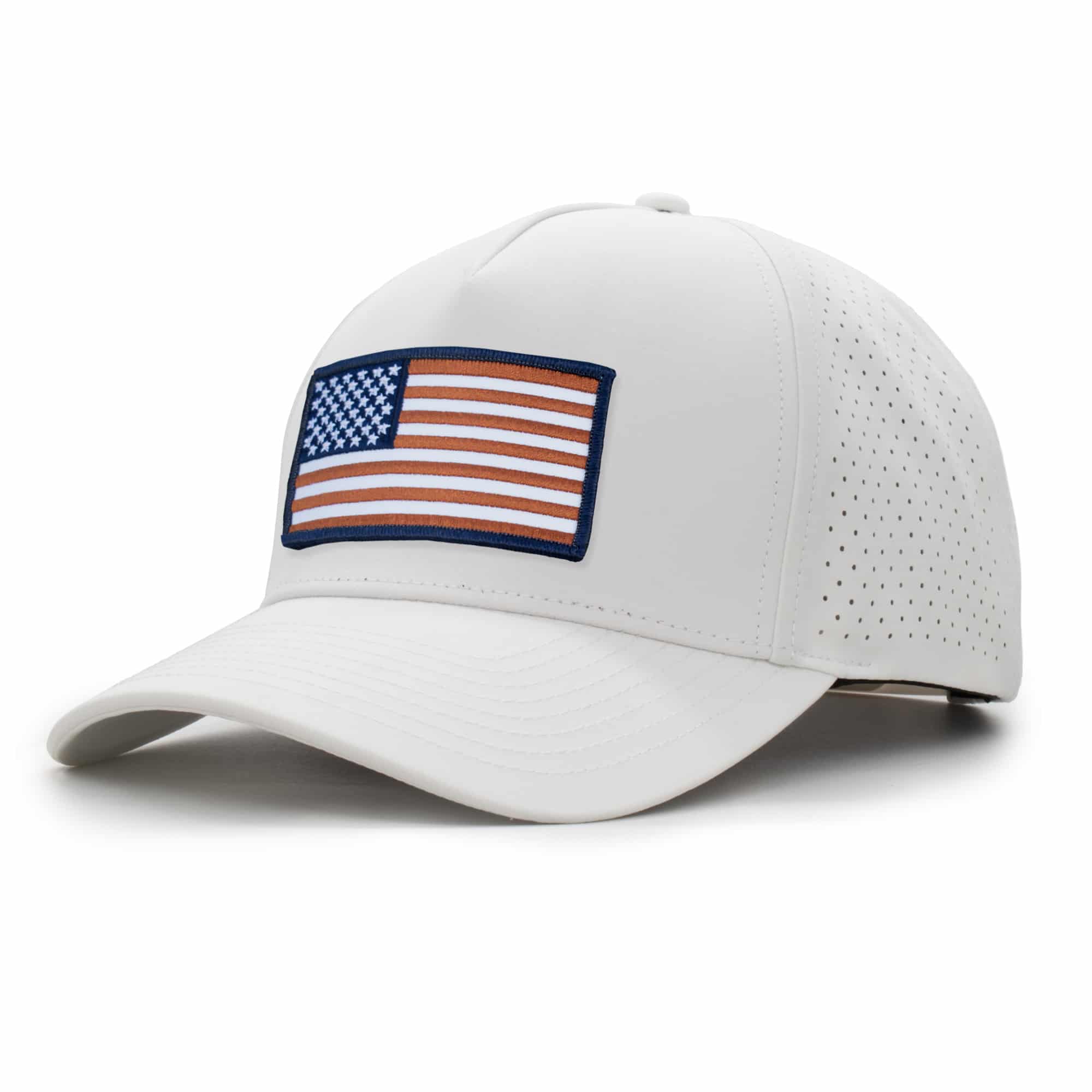 (RH) Ridge Hat | Snow - American Flag three-quarter view of a 5 panel, water resistant, floatable hat with an embroidered american flag patch. the hat is white in color.