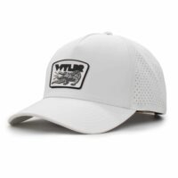 three-quarter view of a 5 panel, water resistant, floatable hat with a PVC patch. the patch is a gator catching a golf ball in its mouth and features the brand name, Wyldr. the hat is white