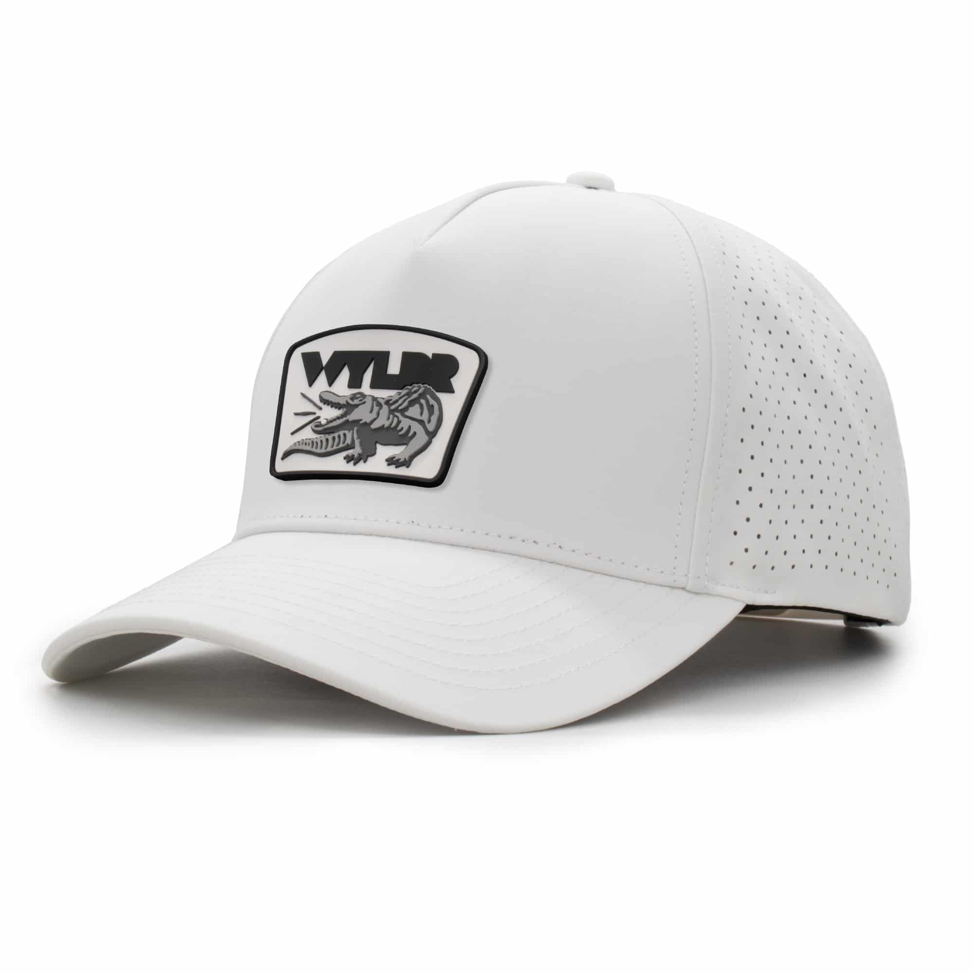 three-quarter view of a 5 panel, water resistant, floatable hat with a PVC patch. the patch is a gator catching a golf ball in its mouth and features the brand name, Wyldr. the hat is white