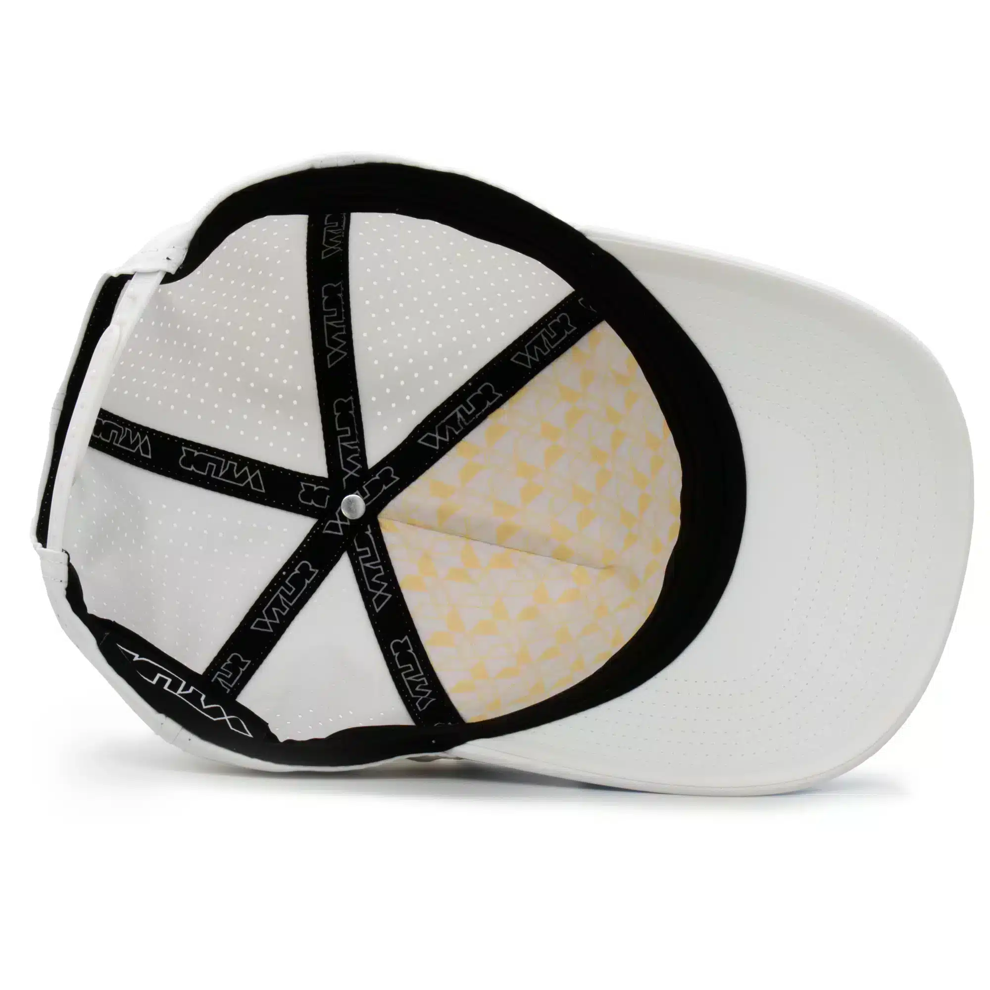 (RH) Ridge Hat | Snow - Interior View interior view of a water resistant, floatable hat in white. the lining has the name brand, Wyldr, and there is a two panel fabric lining in a patterned "w" logo