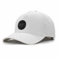 three-quarter view of a 5 panel, water resistant, floatable hat with a PVC patch. the patch is a round medallion featuring the letter W and the text Wyldr Outdoors. the hat is white