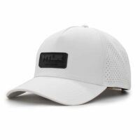 three-quarter view of a 5 panel, water resistant, floatable hat with a PVC patch. the patch is the brand name Wyldr contained in a rounded rectangle. the hat is white