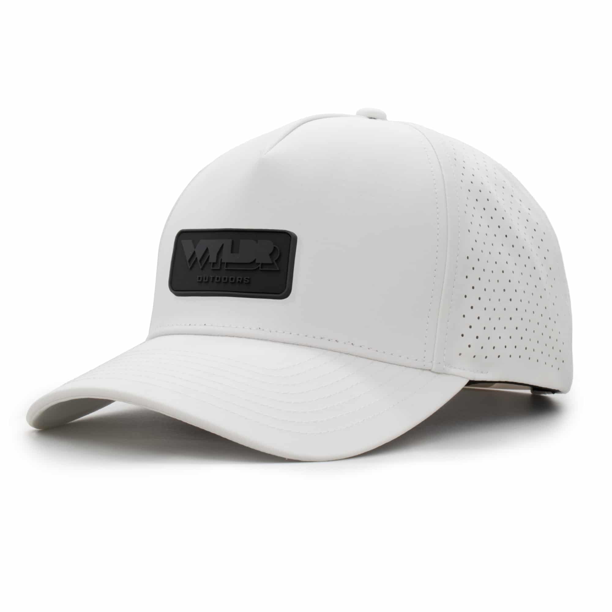 three-quarter view of a 5 panel, water resistant, floatable hat with a PVC patch. the patch is the brand name Wyldr contained in a rounded rectangle. the hat is white