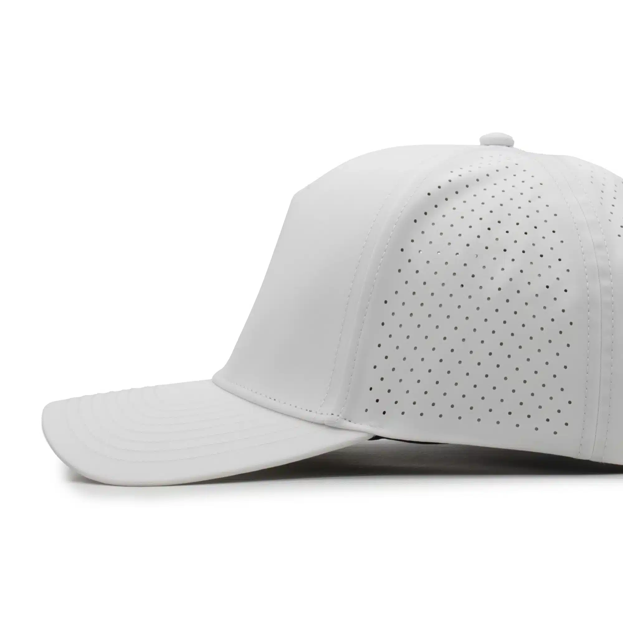 (RH) Ridge Hat | Snow - Side View side view of a 5 panel, water resistant, floatable hat. the hat is white in color