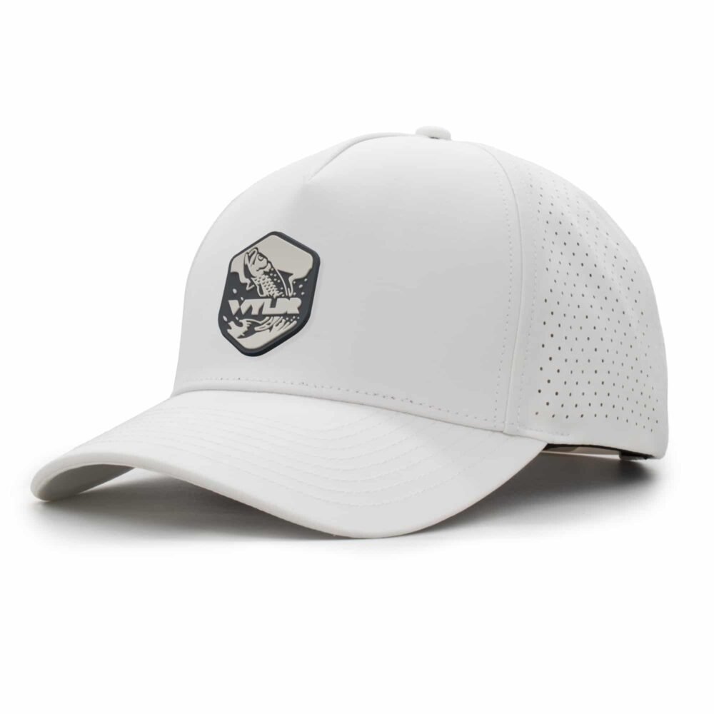 three-quarter view of a 5 panel, water resistant, floatable hat with a PVC patch. the patch is of a tarpon splashing out of the water and has the brand name Wyldr over it. the hat is white