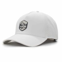 three-quarter view of a 5 panel, water resistant, floatable hat with a PVC patch. the patch is of a tarpon splashing out of the water and has the brand name Wyldr over it. the hat is white