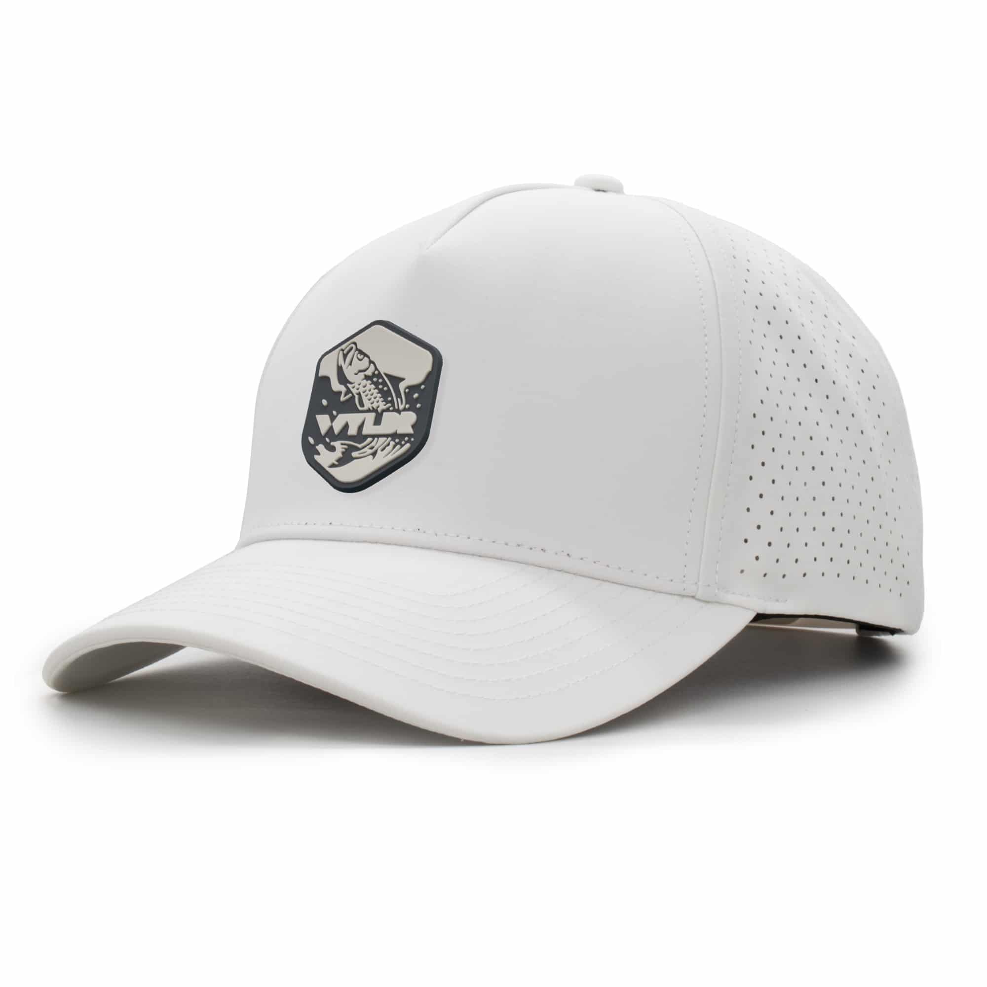 three-quarter view of a 5 panel, water resistant, floatable hat with a PVC patch. the patch is of a tarpon splashing out of the water and has the brand name Wyldr over it. the hat is white