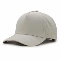 (RH) Ridge Hat | Stone - No Patch three-quarter view of a 5 panel, water resistant, floatable hat that is light tan in color.