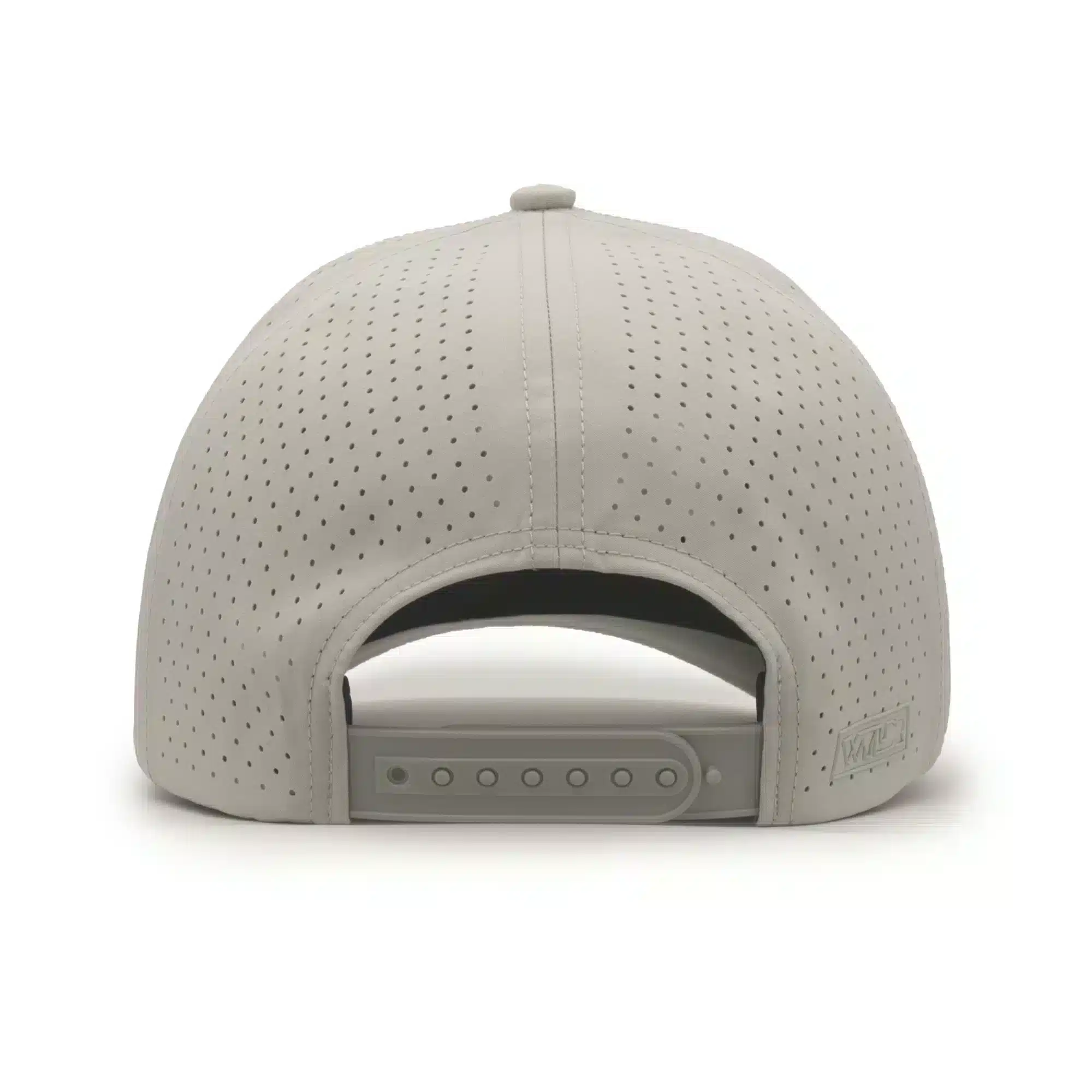 (RH) Ridge Hat | Stone - Back View back view of a 5 panel, water resistant, floatable hat. the back panel is fabric with small holes for sweat evaporation while still reducing sun exposure. the hat is tan in color