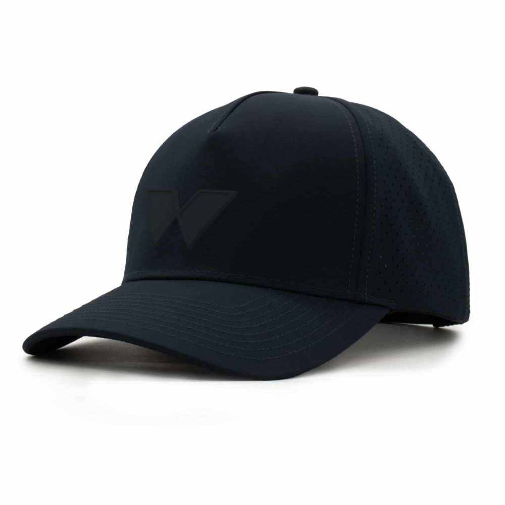 three-quarter view of a 5 panel, water resistant, floatable hat with a PVC patch. the patch is of the letter W from the brand name Wyldr. the hat is black. the patch matches the hat color.