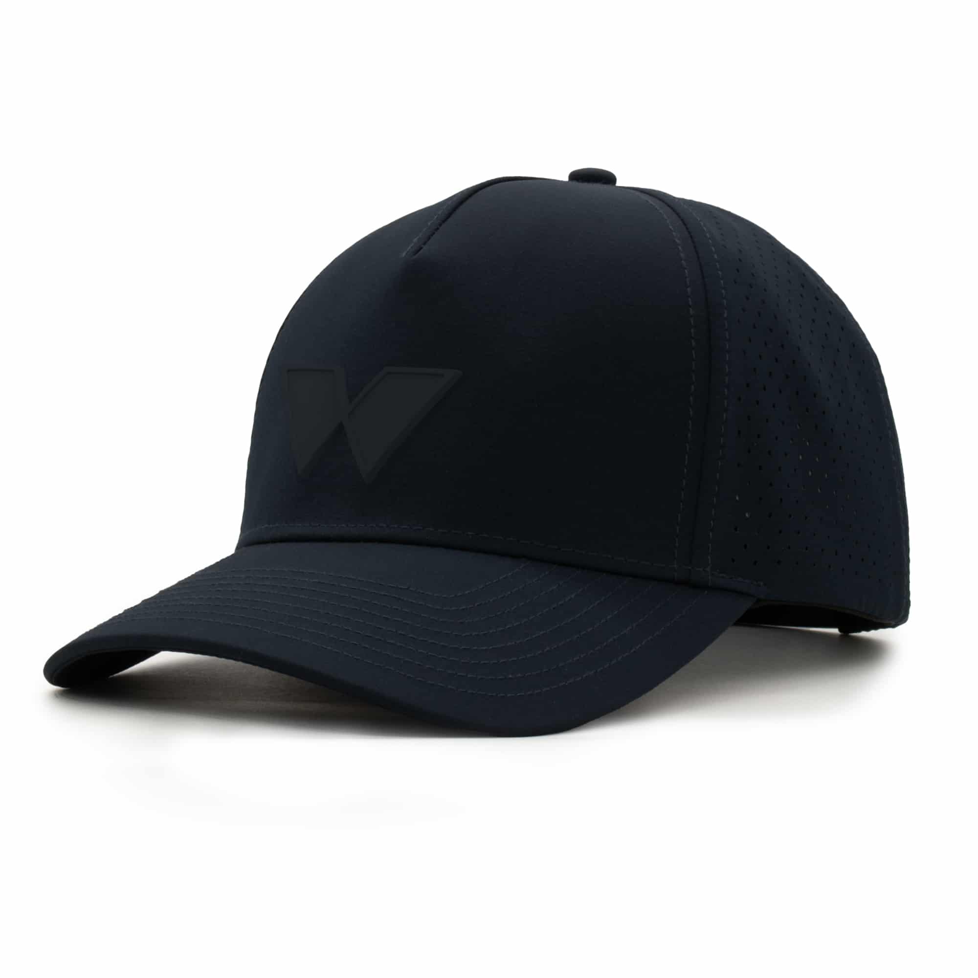 (RH) Ridge Hat | Storm - W three-quarter view of a 5 panel, water resistant, floatable hat with a PVC patch. the patch is of the letter W from the brand name Wyldr. the hat is black. the patch matches the hat color.