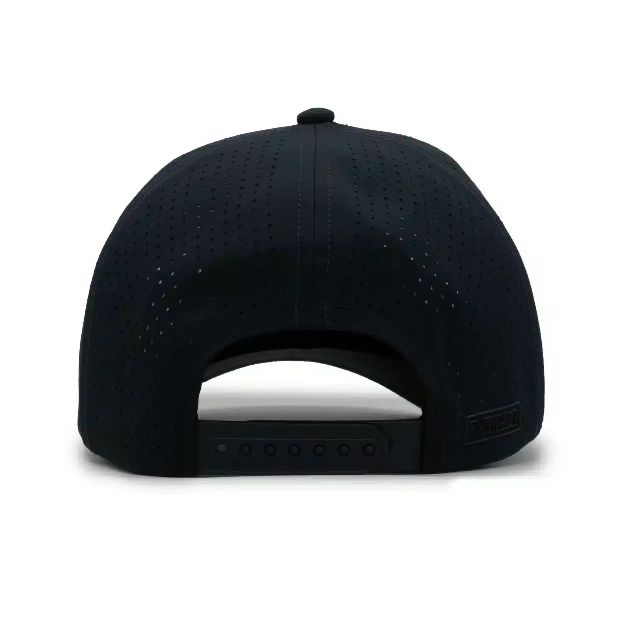 (RH) Ridge Hat | Storm - Back View back view of a 5 panel, water resistant, floatable hat. the back panel is fabric with small holes for sweat evaporation while still reducing sun exposure. the hat is black in color