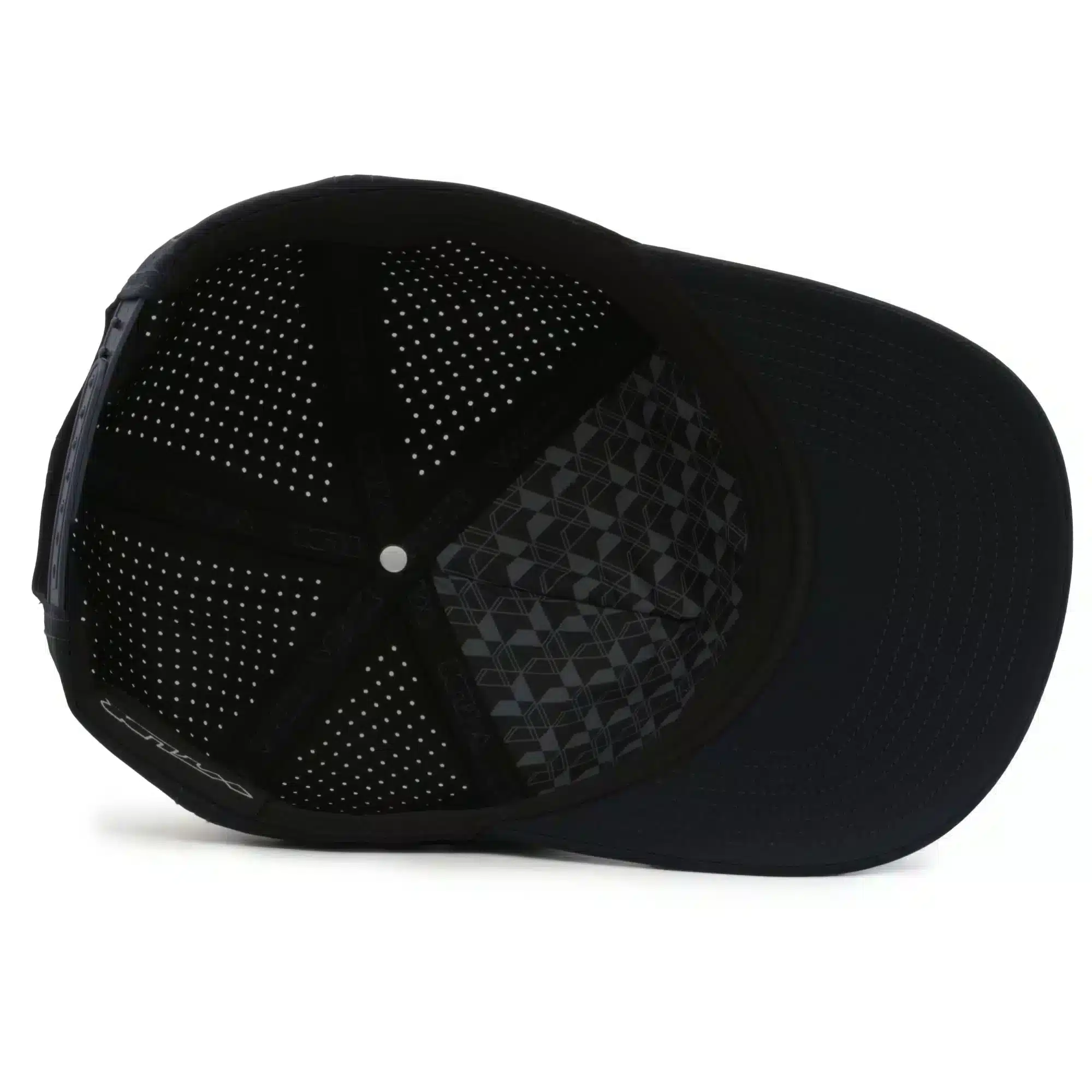 (RH) Ridge Hat | Storm - Interior View interior view of a water resistant, floatable hat in black. the lining has the name brand, Wyldr, and there is a two panel fabric lining in a patterned "w" logo